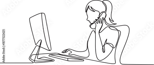 Single line drawing of young female call center worker sitting in front of computer and answering phone from customer. Customer service business concept. one line Icon drawing