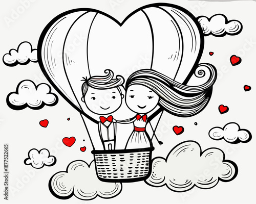Loving couple in heart shaped hot air balloon flying high