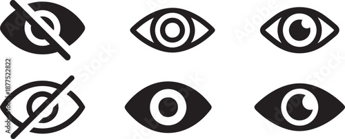 Eye icon set. Retina scan eye icons. Eyesight symbol. Simple eyes collection. privacy settings, show or hide symbols. Visibility and hidden eye icons for UI design