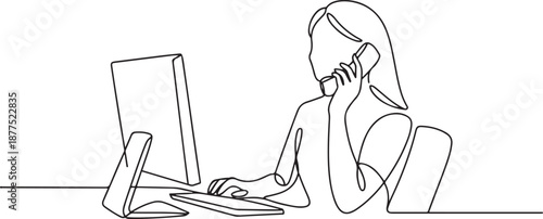 Single line drawing of young female call center worker sitting in front of computer and answering phone from customer. Customer service business concept. one line Icon drawing