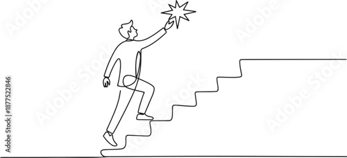 Continuous one line drawing businessman is standing on stairs and reaching star on the sky. Goals and dreams. Business, career, achievement concept. one line Icon drawing