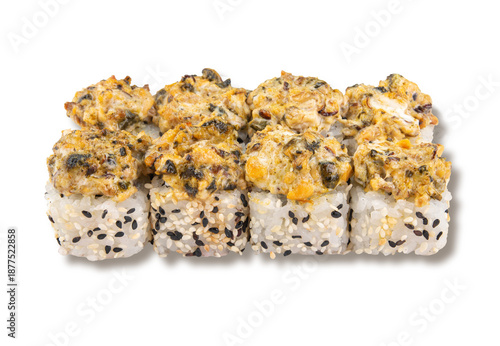 Closeup baked sushi rolls with sesame coated rice and creamy seafood topping, isolated on white background for menu and delivery