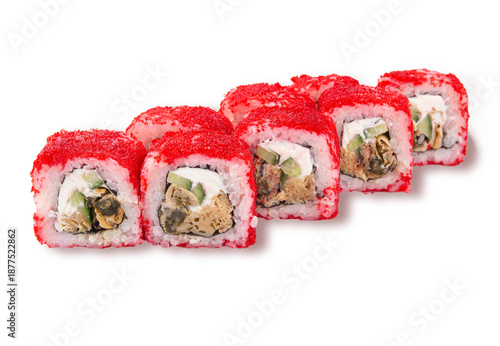 Close-up of sushi roll slices coated with red tobiko, creamy filling and cucumber, isolated on white for menu and delivery design