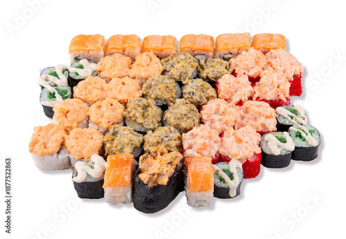 Top view large assorted baked sushi roll set with various creamy toppings gunkan sushi and uramaki pieces isolated on white background for menus delivery and ads