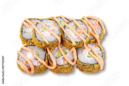 Closeup tempura sushi rolls with crispy coating seafood and cucumber filling topped with spicy mayonnaise isolated on white background for menus delivery and ads