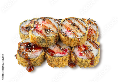 Closeup tempura sushi rolls with crispy coating sauce drizzle and sesame seeds on white background suitable for menus delivery and ads