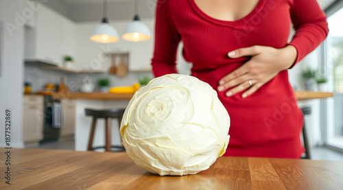 A woman in a red sweater holds her stomach with her hand from bloating, as if she is intolerant to the cabbage that is lying next to her in the kitchen.