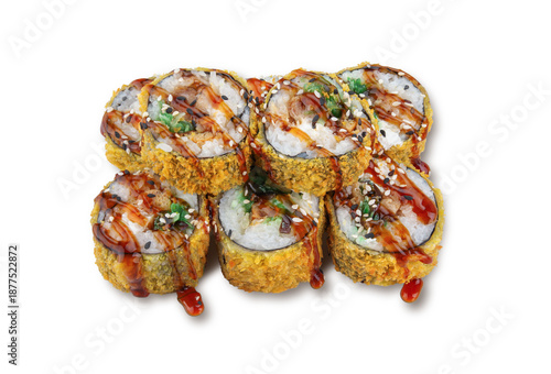 Closeup tempura sushi rolls with crispy coating vegetable and seafood filling topped with sweet sauce and sesame isolated on white background for menu and delivery