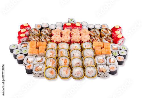 Top view large assorted sushi roll set including tempura rolls baked rolls uramaki and classic maki pieces isolated on white background for menus delivery and advertising