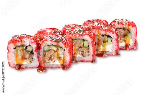 Closeup uramaki sushi rolls coated with red tobiko, sesame seeds and sweet sauce, with creamy filling and cucumber, isolated on white background