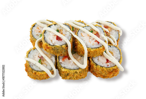 Closeup tempura sushi rolls with crispy coating vegetable filling and creamy sauce isolated on white background for menus delivery and ads