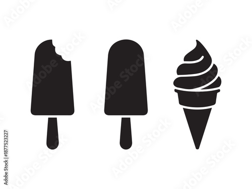 Collection of black silhouette icons representing different frozen sweet treats like ice cream and popsicles