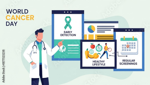 World cancer day illustration with doctor and infographics on early detection healthy lifestyle and regular screenings