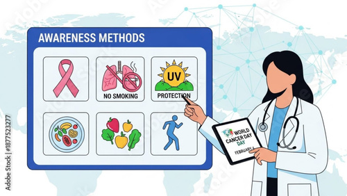 Female doctor presenting awareness methods for healthy living and disease prevention with infographic
