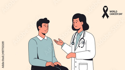 Doctor and patient discussing health on world cancer day with awareness ribbon