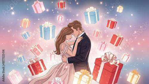 Romantic couple sharing kiss surrounded by colorful gifts on gradient background with sparkles