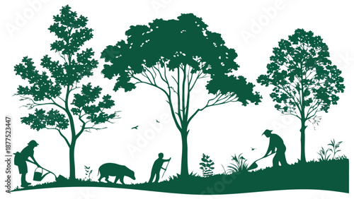 Silhouetted People Planting Trees and Protecting Wildlife in Green Forest Landscape