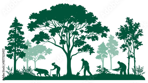 Silhouetted People Planting Trees and Protecting Wildlife in Green Forest Landscape