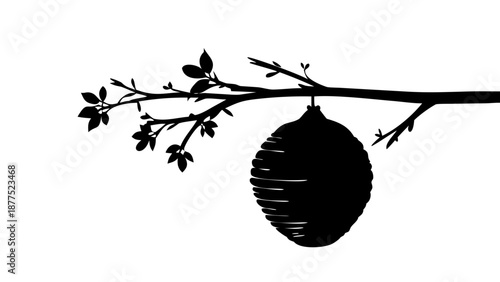 Black Silhouette Vector of a Natural Beehive Hanging from a Tree Branch
