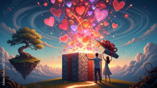 Man and woman opening a gift box with hearts and presents floating out in a surreal landscape