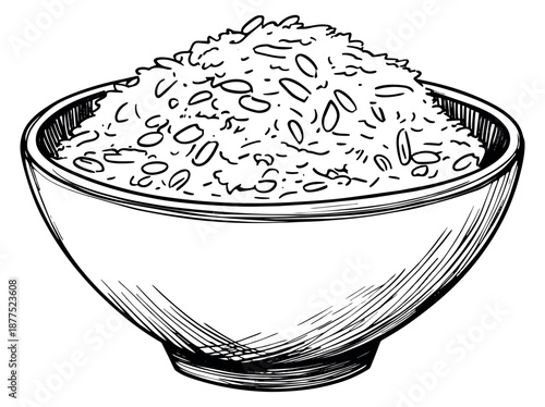 Hand drawn line art illustration of a bowl of rice depicting a staple grain for food and nutrition concepts