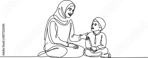Single continuous line drawing of young Arabian mom talking and sitting together with her boy. Islamic muslim happy family parenthood concept. one line Icon drawing