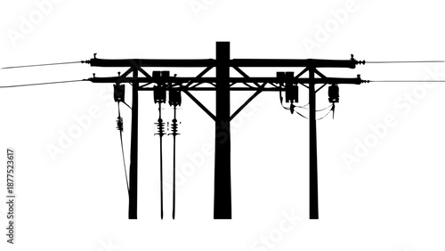 Black Silhouette Vector of Electrical Power Lines with Transformer and Utility Poles