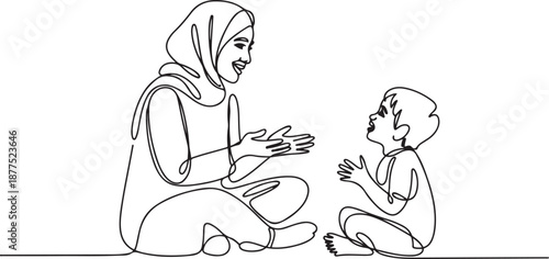 Single continuous line drawing of young Arabian mom talking and sitting together with her boy. Islamic muslim happy family parenthood concept. one line Icon drawing