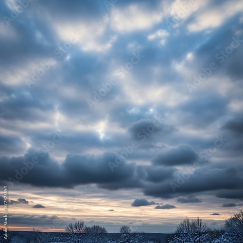 winter Dramatic cloudy sky at sunset with snow covered trees in the foreground on a cold evening