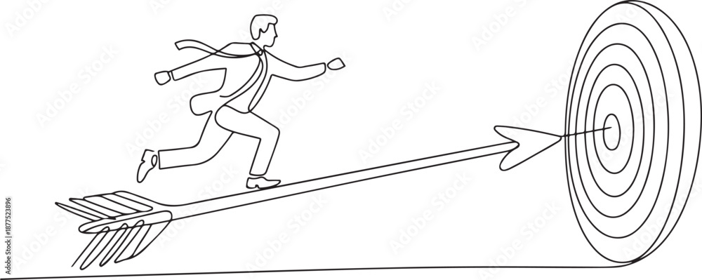 Naklejka premium Single one line drawing businessman running on arrow to center of dartboard. Business Concept of targeting and customer. Company vision mission. one line Icon drawing