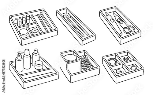 Organized storage boxes for cosmetics and personal care in linear design