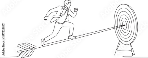 Single one line drawing businessman running on arrow to center of dartboard. Business Concept of targeting and customer. Company vision mission. one line Icon drawing