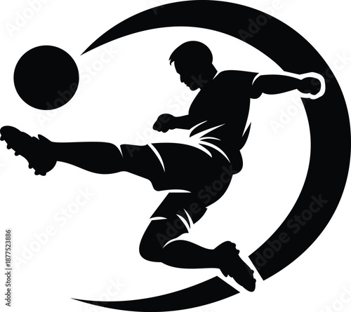 This dynamic illustration captures the essence of soccer with a striking silhouette of a player in mid-kick. The design features a bold black figure against a simple background, conveying movement and