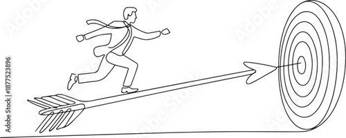 Single one line drawing businessman running on arrow to center of dartboard. Business Concept of targeting and customer. Company vision mission. one line Icon drawing