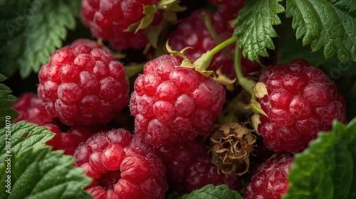 Freshly picked raspberries amidst green leaves