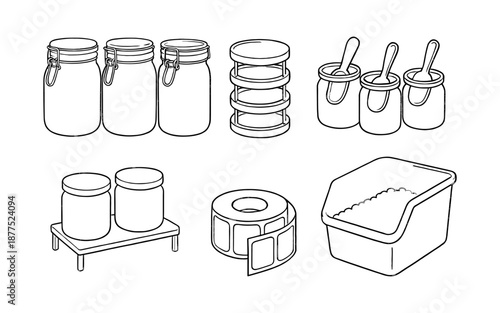 Kitchen storage containers and spice rack - minimalist black and white line art