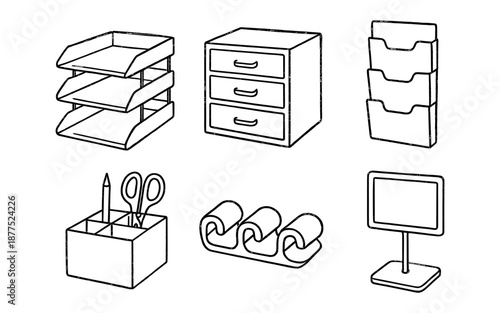 Black and white office supplies set: organizers, tray, and storage solutions