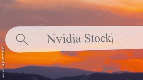 A close up view of a search box showing the text Nvidia Stock as the sun sets over a mountain landscape. Information is being searched in the address bar.