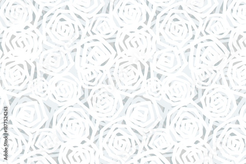 Seamless abstract pattern with overlapping spiral white rose shapes on soft light background elegant monochrome floral texture for modern packaging wedding stationery wallpaper textile wrapping paper.