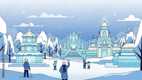 Snowy cityscape with people visiting frozen ice palace winter wonderland scene with snow covered buildings and mountains