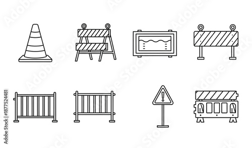 Road block and pedestrian barrier outline icons set with editable stroke isolated on transparent background