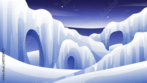 Frozen landscape with icy arches and snow under a starry night sky with a gradient blue background