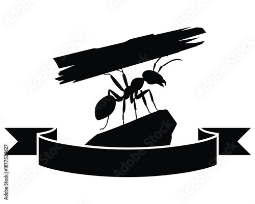 Strong ant carrying a large stick above a banner isolated 