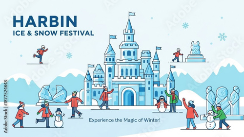 Winter wonderland scene with people building snowman and ice sculpture at harbin ice and snow festival