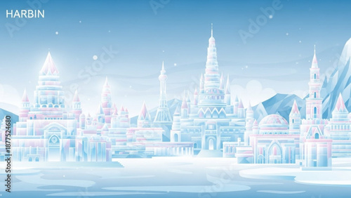 Ice castle cityscape with towers and spires in snowy landscape winter wonderland scene with frozen architecture