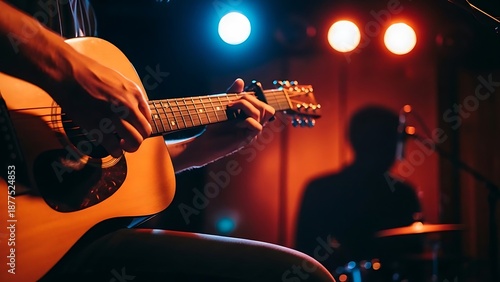 Musician skillfully playing acoustic guitar on stage with spotlight