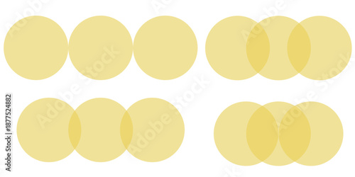 Yellow circle venn diagram sequence with overlapping sections in soft tones vector infographic for data chart model balance intersect rounded geometric business element clean layout info