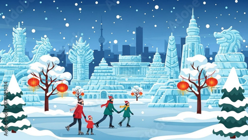 Family ice skating in winter wonderland cityscape at night with snowfall