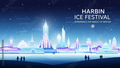 Harbin ice festival illuminated winter wonderland scene with people enjoying snow and ice sculptures at night
