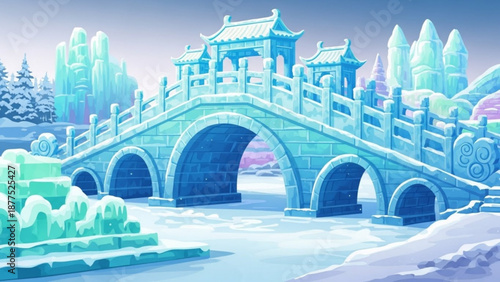 Frozen chinese style bridge with snow covered railings and icy arches spanning a winter landscape with frosty trees